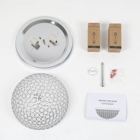 Crystal Flush Mount Ceiling Light Two Light Fixture With Chrome Finish And Sparkling Crystal Bowl Shade, parts view.