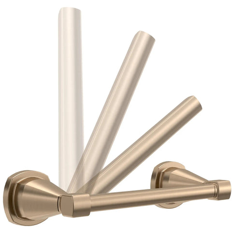 Pivoting Toilet Paper Holder In Champagne Bronze Finish demonstrating pivoting action, wall-mounted design, corrosion-resistant.