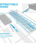 Diagram showing 7 Ft W X 16 Ft L Retractable Pergola Shade Cover for Outdoor Patio with sliding mechanism and shading area.