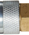 Side view of High Flow Brass Air Hose Quick Connect Coupler 1/4 Inch Hi-Flo x 1/4 Inch FNPT with durable brass construction and knurled grip