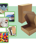 Heavy Duty 20 Pack Of 10X10X3 Inch Brown Corrugated Cardboard Shipping Boxes With Smooth Finish Edges For No Sweat Mailing And Knockout Ecommerce Packaging That Keeps Your Shipment Bulletproof Straight Up Without Any Drama Or Extra Hassle showing open box and various items in smaller images.