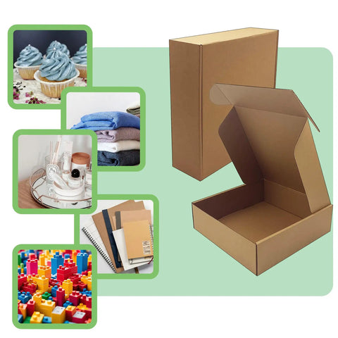 Heavy Duty 20 Pack Of 10X10X3 Inch Brown Corrugated Cardboard Shipping Boxes With Smooth Finish Edges For No Sweat Mailing And Knockout Ecommerce Packaging That Keeps Your Shipment Bulletproof Straight Up Without Any Drama Or Extra Hassle showing open box and various items in smaller images.