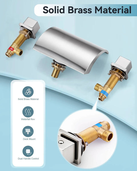 Waterfall Tub Faucet With Two Handles For Deck Mount Roman Tub Brushed Nickel Finish Brass Three Hole Faucet Without Diverter