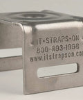 Stainless Steel Bull's Eye Sign Mounting Brackets With Straight Leg featuring side view with bolt slot visible, text engraved on surface