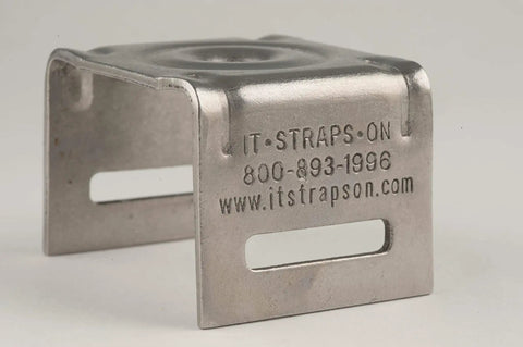 Stainless Steel Bull's Eye Sign Mounting Brackets With Straight Leg featuring side view with bolt slot visible, text engraved on surface