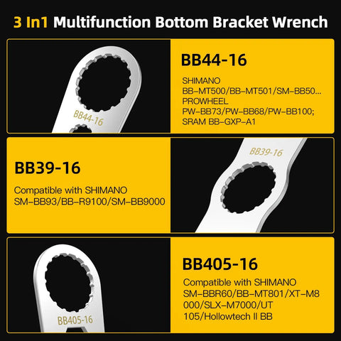 Five In One Bottom Bracket Wrench For 39mm 40.5mm And 44mm External Bearing Cups With 16 Notches, Cr V Steel Ni Cr Plating.