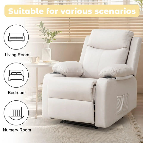 Compact Manual Recliner For Small Spaces With Adjustable Backrest, beige color, in living room setting with side pockets