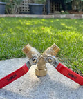 Heavy Duty Garden Hose Y Valve Splitter With Stainless Steel Long Handle And Brass Body Two Way Water Adapter Three Quarter Inch GHT Thread High Flow Full Port Spigot Splitter For Outdoor Garden Use, brass Y splitter on lawn