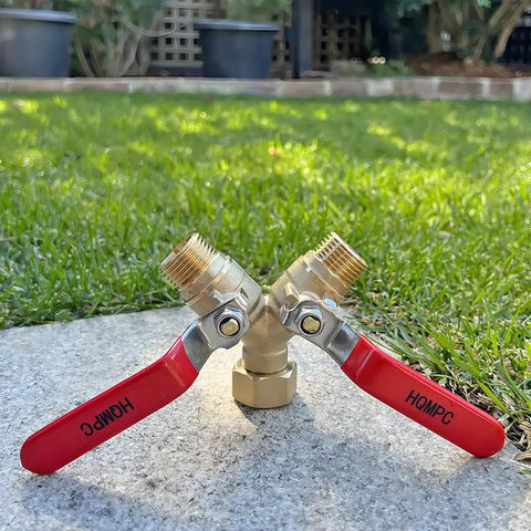 Heavy Duty Garden Hose Y Valve Splitter With Stainless Steel Long Handle And Brass Body Two Way Water Adapter Three Quarter Inch GHT Thread High Flow Full Port Spigot Splitter For Outdoor Garden Use, brass Y splitter on lawn
