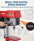 10 Inch Benchtop Drill Press With 5 Amp Variable Speed Motor And Led Light showing real-time digital speed display and adjustment lever.