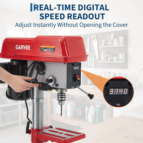 10 Inch Benchtop Drill Press With 5 Amp Variable Speed Motor And Led Light showing real-time digital speed display and adjustment lever.