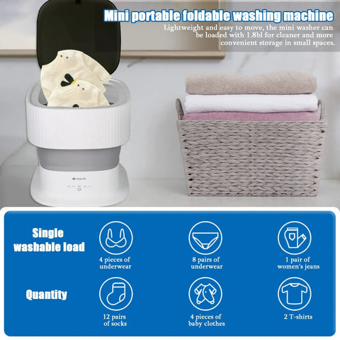 Ultra Portable Mini Washing Machine With Foldable Design And Spin Dryer Lightweight Washer For Travel, open with clothes inside.