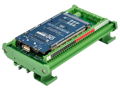 GIGA R1 WiFi Terminal Block Adapter Module for Industrial Control, DIN Rail or Screw Mount, Plug-and-Play GPIO Breakout Board, Standard Version With A0 to A11 and D0 to D53 Ports on green DIN rail mount
