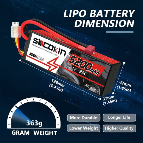 3S 11.1V 5200mAh Lipo Battery With Deans T Connector Beefy Hard Case 80C For RC Cars and Drones, showing dimensions