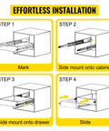 Illustration of installation steps for Beefy Heavy Duty Drawer Slides 60 Inch 500 Lb Capacity Full Extension Side Mount Ball Bearing Rails.