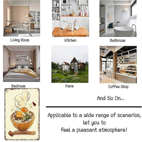 Image showcasing various room settings, with a Vintage Metal Sign Ramen Noodle Art Tin Sign Poster for diverse decor use.