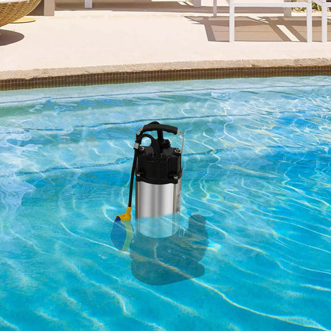 Heavy Duty Submersible Sump Pump Built With Rugged Stainless Steel Casing in pool water with auto float switch.