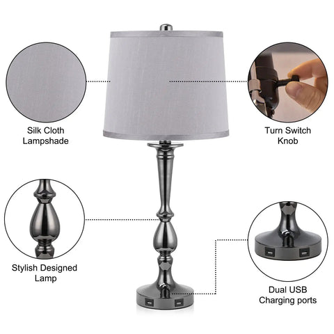 Industrial USB Table Lamp Set Of 2 with gray lampshade, black base, 25.9 inches tall, dual USB ports, silk cloth shade, turn switch knob.