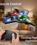 Foam RC Airplane With Lights, 360 Flip Stunt Fighter Jet Drone For Men shown in living room with controller