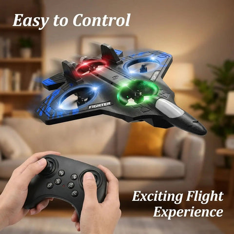 Foam RC Airplane With Lights, 360 Flip Stunt Fighter Jet Drone For Men shown in living room with controller