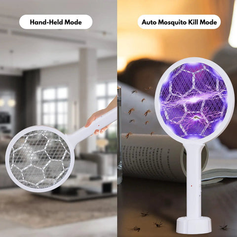 Two Pack Electric Fly Swatter Racket Bug Zapper And Mosquito Zapper With Eight LED High Voltage Handheld 3000V Instant Mosquito Killer Two In One Mode For Fast Physical Bug Control, showing handheld and lamp modes.