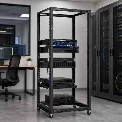 Beast Mode Heavy Duty 42U Server Rack Open Frame With Adjustable 23 To 41 Inch Depth For Pro Gear Setup And Clean Cable Routing four post rack in office.