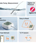 Waterproof Zigbee Temperature Sensor With 1.5M Stainless Steel Probe LCD Display And App Monitoring -40 To 115 C Range Magnetic Mount IP65 Weatherproof For Pool Kitchen Bathroom Works With Zigbee Hub, probe in water