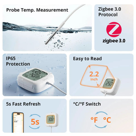 Waterproof Zigbee Temperature Sensor With 1.5M Stainless Steel Probe LCD Display And App Monitoring -40 To 115 C Range Magnetic Mount IP65 Weatherproof For Pool Kitchen Bathroom Works With Zigbee Hub, probe in water
