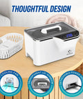 LifeBasis ultrasonic jewelry cleaner front view; white compact unit with transparent lid and digital timer.
