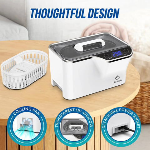 LifeBasis ultrasonic jewelry cleaner front view; white compact unit with transparent lid and digital timer.