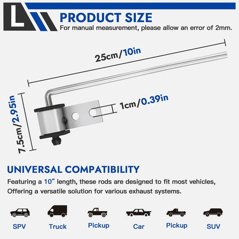 Diagram showing Beefy Heavy Duty Stainless Steel Exhaust Hanger Rods, 3/8 Inch By 10 Inch, with dimensions and vehicle compatibility