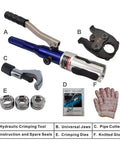 Heavy Duty Hydraulic Copper Pipe Press Tool With U TH M V Dies, including components like jaws, pipe cutter, and gloves.