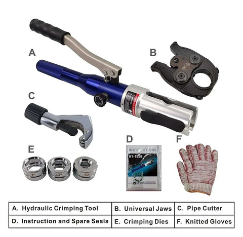 Heavy Duty Hydraulic Copper Pipe Press Tool With U TH M V Dies, including components like jaws, pipe cutter, and gloves.