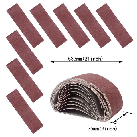 Rugged 3X21 Inch Sanding Belts, 12 Pack 80 Grit Aluminum Oxide Open Coat, displayed with dimensions, for belt sander use