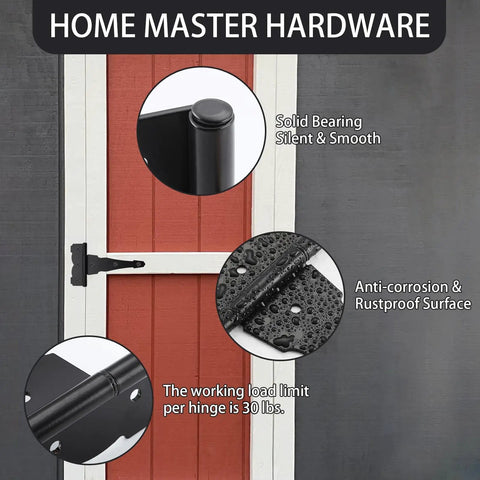 Close-up of a 4 Inch Decorative T Strap Hinges Set With Screws Built To Last Heavy Duty Black Tee Hinges for sheds illustrated on door.