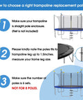 Heavy Duty Universal Trampoline Enclosure Poles Kit For Six Straight Tubes Fits 10 To 16 Foot Nets instructional image with steps for choosing replacement poles.