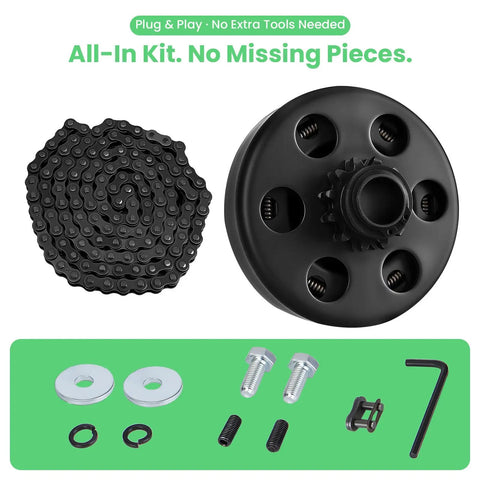 Heavy Duty 12 Tooth Centrifugal Clutch Kit With Three Quarter Inch Bore For Go Kart And Mini Bike Engines From 2 To 7HP Fits 212cc GX160 GX200 35 Chain Includes Chain Screws And Link, showing clutch, chain, and accessories