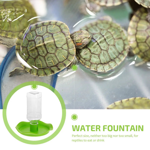 Automatic Reptile Water Feeder For Lizards Turtles And Geckos Tank Gravity Self Filling Bowl beside turtles in shallow water.
