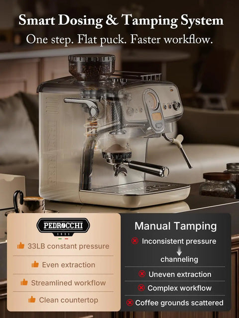 Game Changer Espresso Machine With Built In Grinder And Quick Dairy Frother For Easy Hot To Iced Drinks with smart dosing and tamping system.