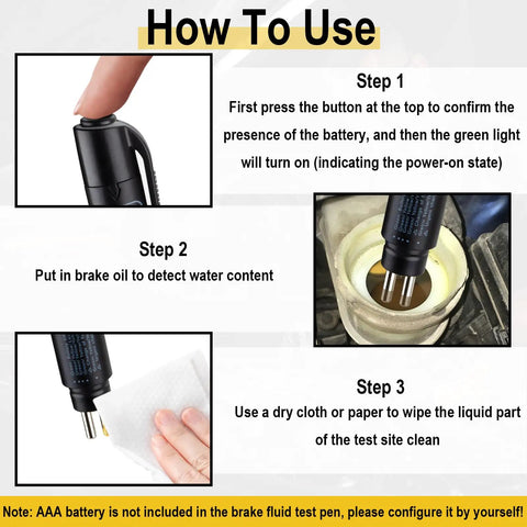 Brake Fluid Moisture Tester For Your Ride, Pro Grade Yet Pocket Sized, frosted plastic shell with nylon inner build, shown testing brake fluid