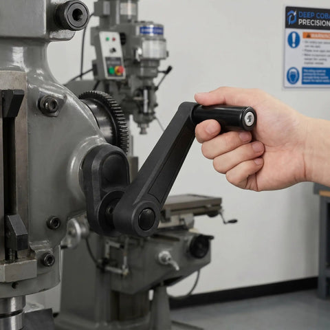 Cvutovo 2-Piece Nylon Crank Handle With Ergonomic Non-Slip Grip, 12X100mm Rotating Handwheel Adapter in use on a milling machine.