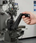 Upgrade Your Machine Shop With These 5-Inch Crank Handles in use on a lathe, featuring ergonomic black nylon grip.
