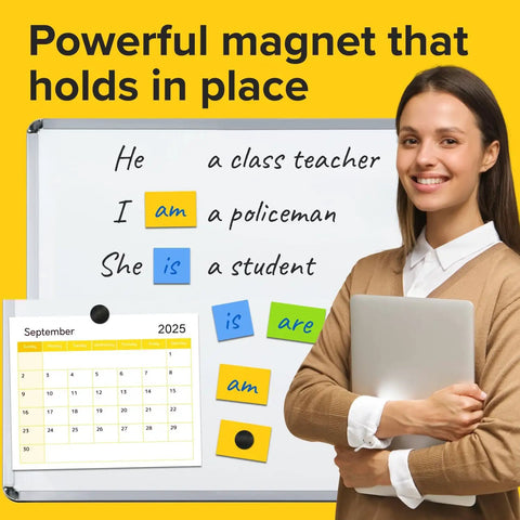 Round Flexible Magnetic Dots With Sticky Backing 80 Pack 0.8x0.08 Inches For Whiteboards And Fridges Stick On For Planning And Organization A Must Have For Teachers, used on whiteboard with calendar and notes.