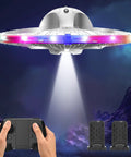 UFO Drone For Kids With Colorful LED Lights, Remote Control Helicopter With Auto Hover shown with dual batteries and remote