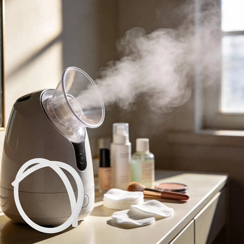Facial steamer releasing steam with Silicone Steamer Tube 39 Inch Heat Resistant Steam Hose on table with beauty products
