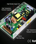 Adjustable Power Supply With LED Display 110V 120V To 240V AC 24V DC Converter 480W 20A For 5V 9V 12V 24V Hobbyist Builds And DIY Electronics Clear Digital Readout Stable Bench Power For Prototyping showing internal components with labels for high-density copper coil, capacitors, and EMI filter ring.