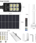 Image showing package contents of 2 Pack 300W Solar Street Lights Outdoor IP66 Motion Sensor With 10000 Lumens Dusk To Dawn Photocell Remote Control Multi Mode LED Flood Light For Parking Lot Stadium Yard Garage Garden.