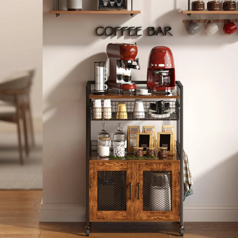 Rustic Brown Coffee Bar Cart on Wheels, 3 Tier Coffee Station Table With Pull Out Wire Basket Drawer, styled with coffee makers.