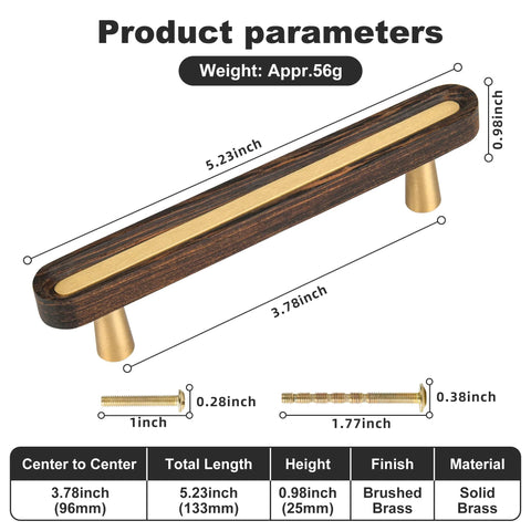 Solid Brass And Wood Cabinet Pulls Five Pack Three And Three Quarter Inch Center To Center Dresser Drawer Handles Modern Furniture Hardware shown with dimensions.