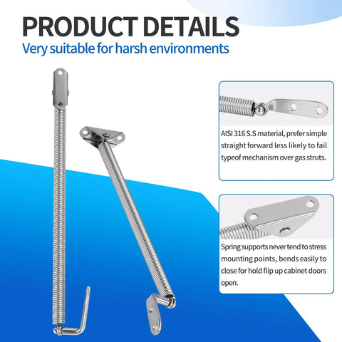 Front view of Hoffen 2-pack 316 stainless steel marine hatch lid springs with mounting brackets, 8-1/4 in long